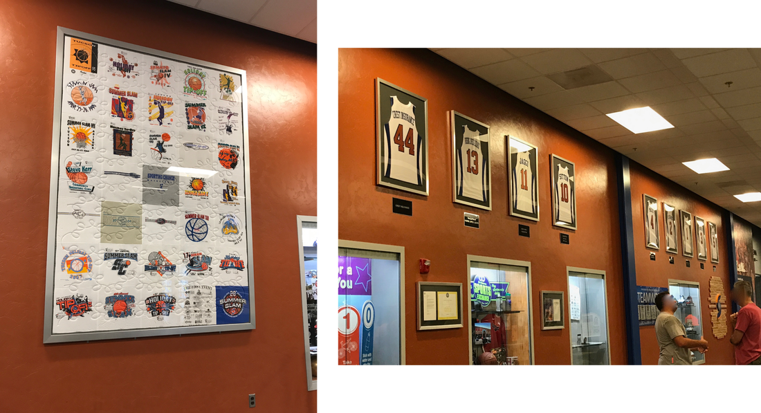10' t-shirt quilt and jerseys hanging at Sporting Chance Center